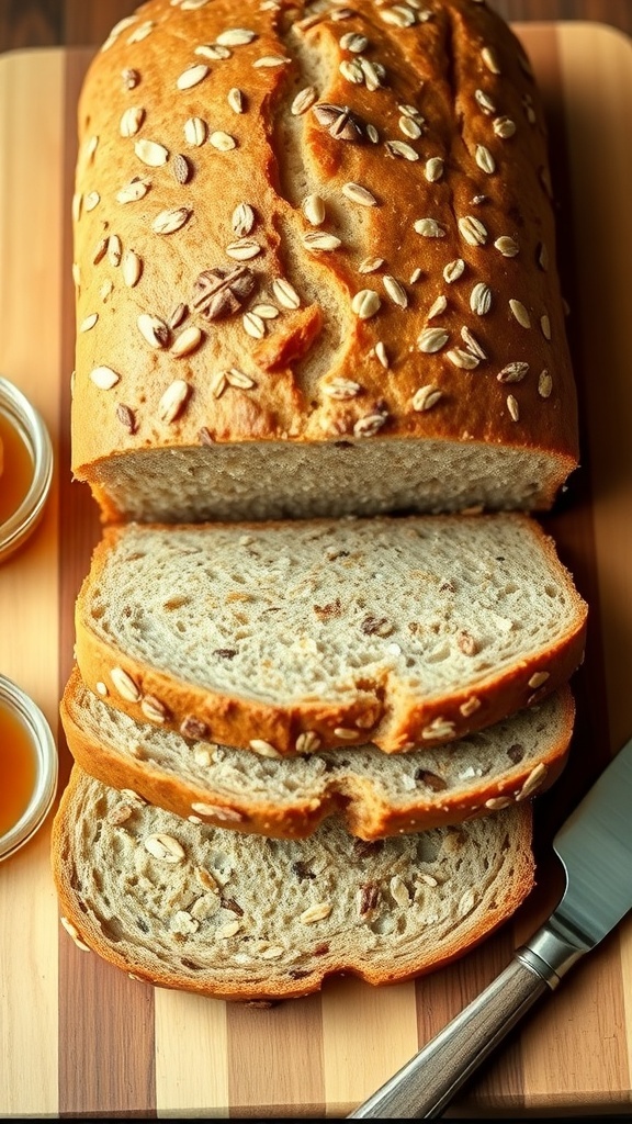 A golden-brown loaf of 9 grain honey oat bread sliced on a wooden board with honey and a butter knife.